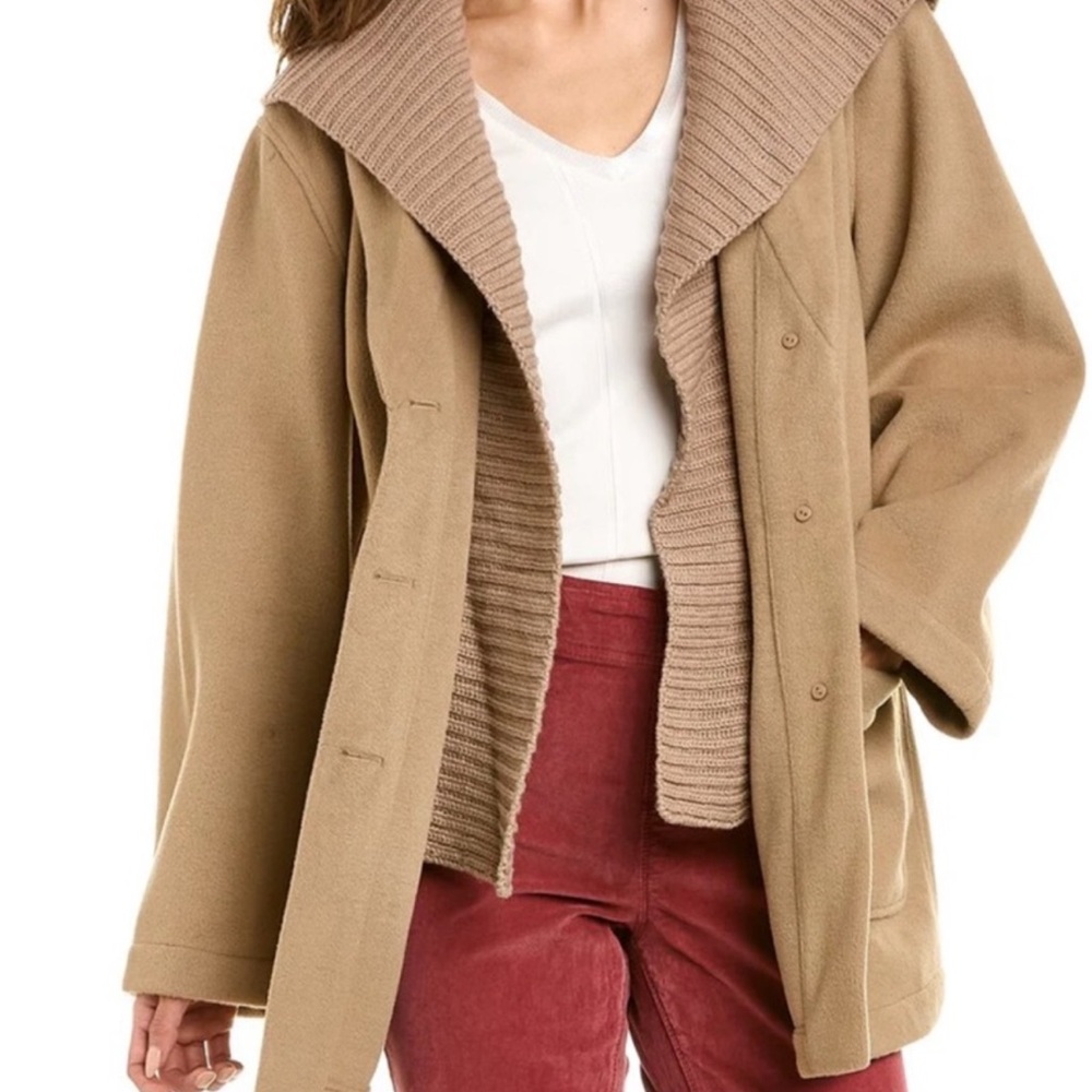 Splendid Camel Hooded Pea Coat with Ribbed Trim